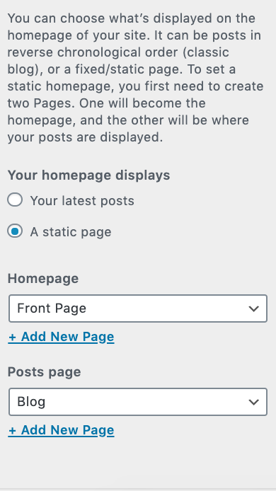 homepage settings wordpress